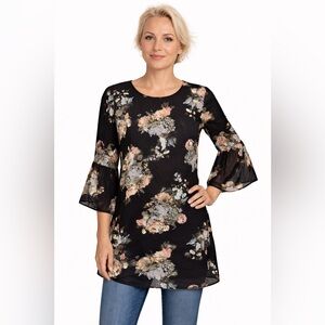 Mia + Tess Black Floral Chiffon Tunic Top Size XL